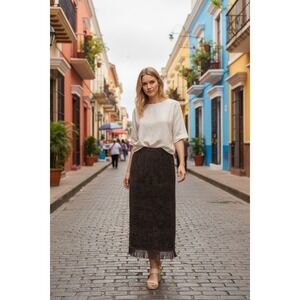 Indigo Moon QVC Sz XS Fringed-Hem Elastic Waist Midi Brown Plush Lined Skirt NWT